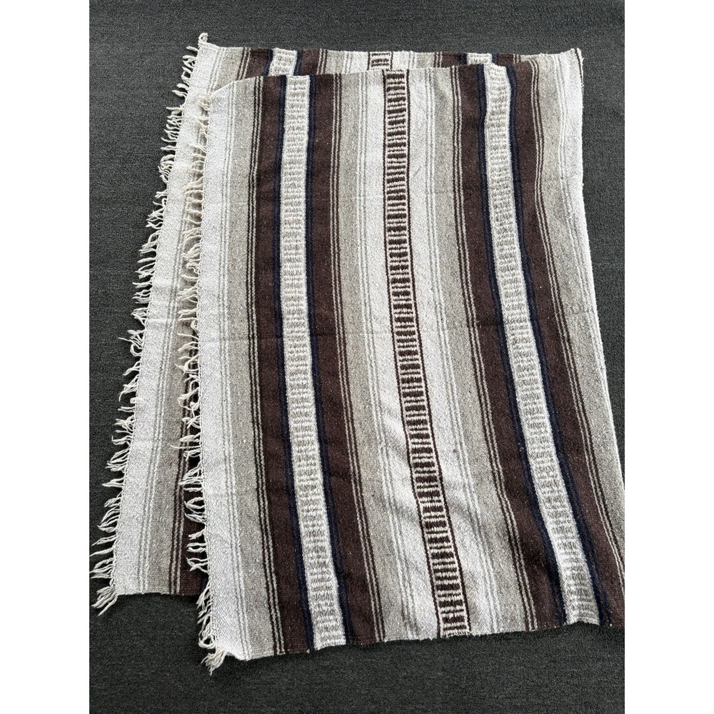 Vintage Mexican Falsa Blanket Striped Brown Cream Fringe